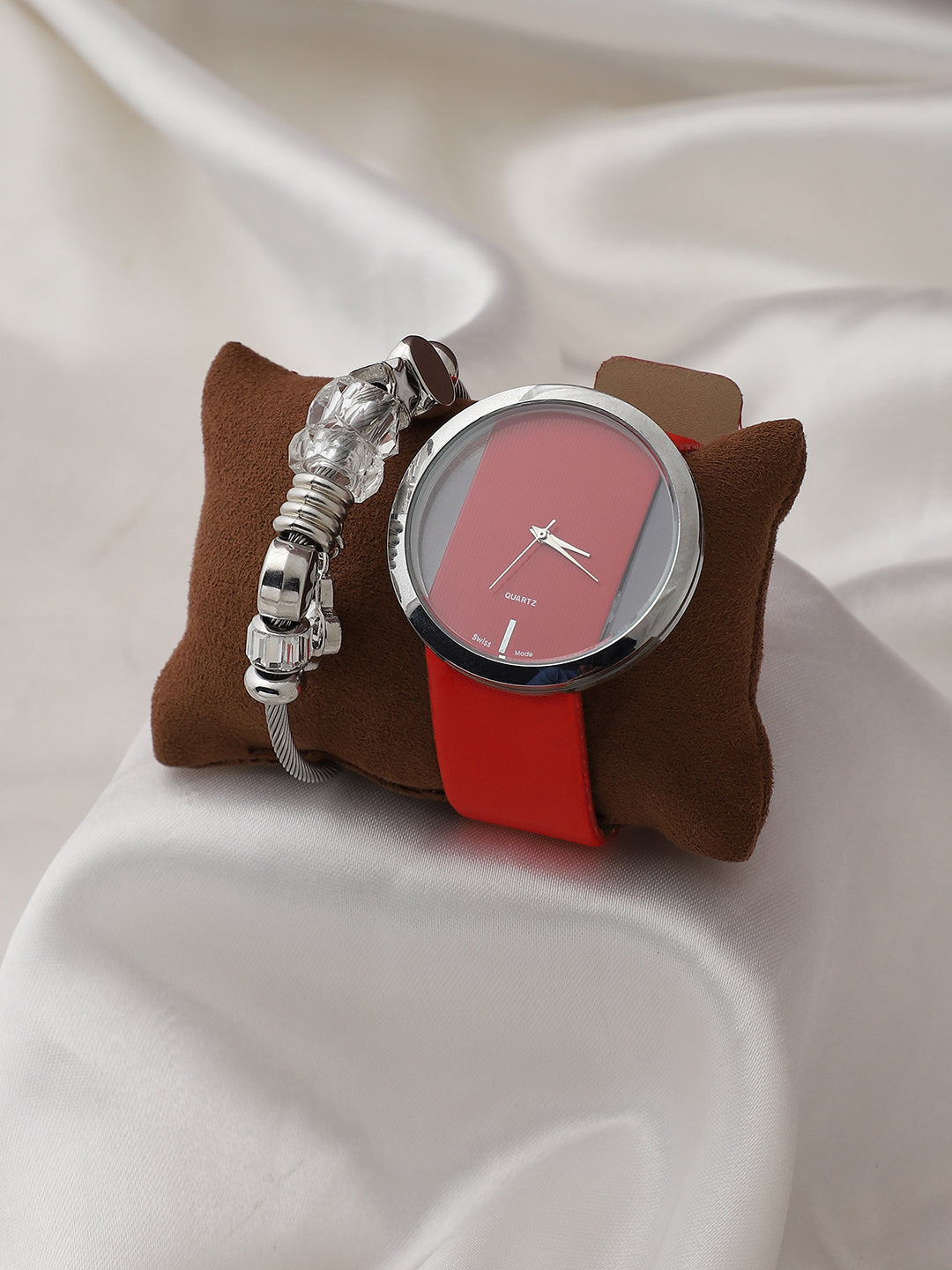 Transparent Analog Round Dial With Red Leather Strap Watch & Bracelet