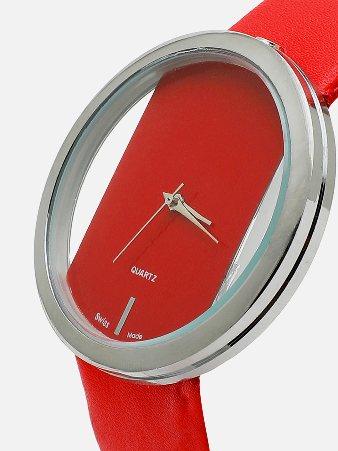 Transparent Analog Round Dial With Red Leather Strap Watch & Bracelet