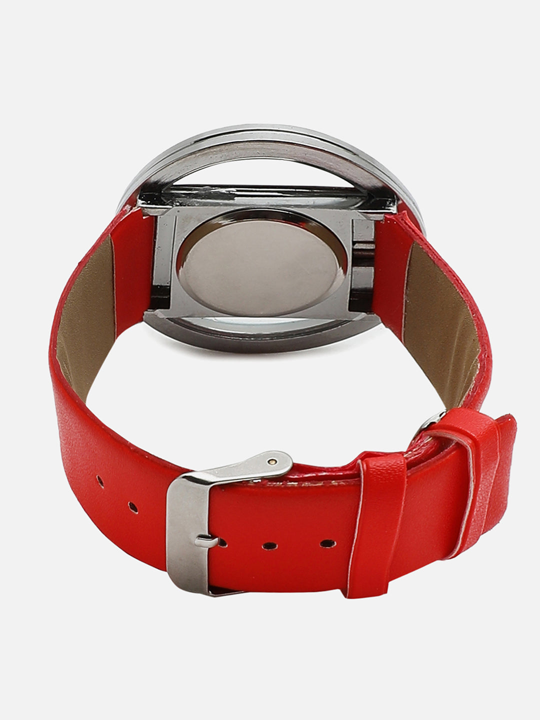 Transparent Analog Round Dial With Red Leather Strap Watch & Bracelet