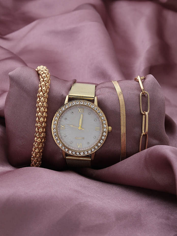 White Embellished Analog Round Dial & Gold Metal Strap Watch & Bracelets