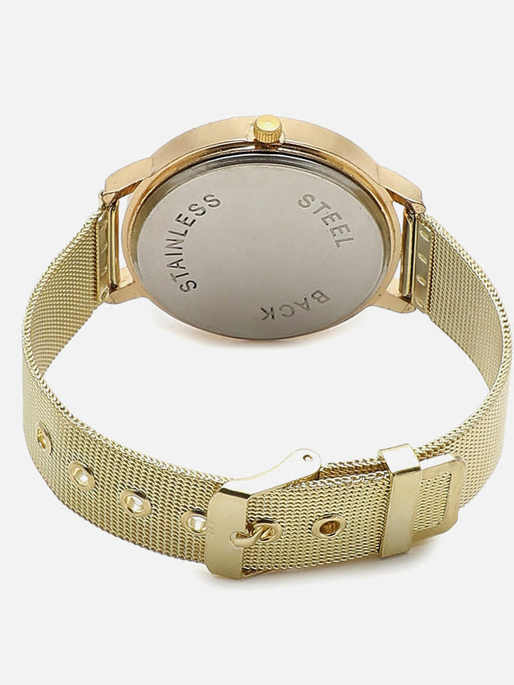 White Embellished Analog Round Dial & Gold Metal Strap Watch & Bracelets
