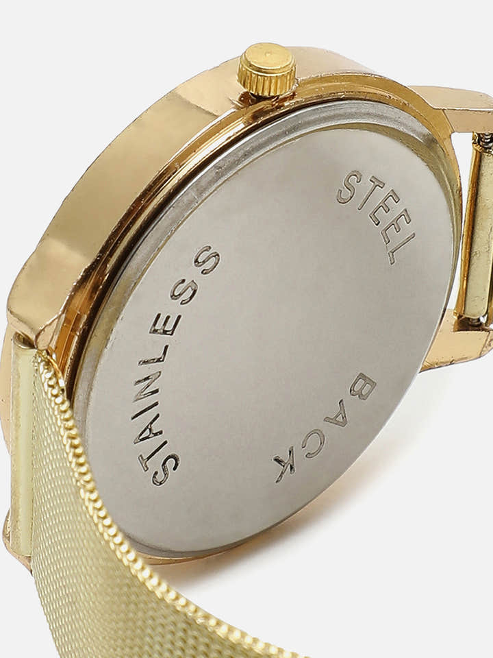 White Embellished Analog Round Dial & Gold Metal Strap Watch & Bracelets