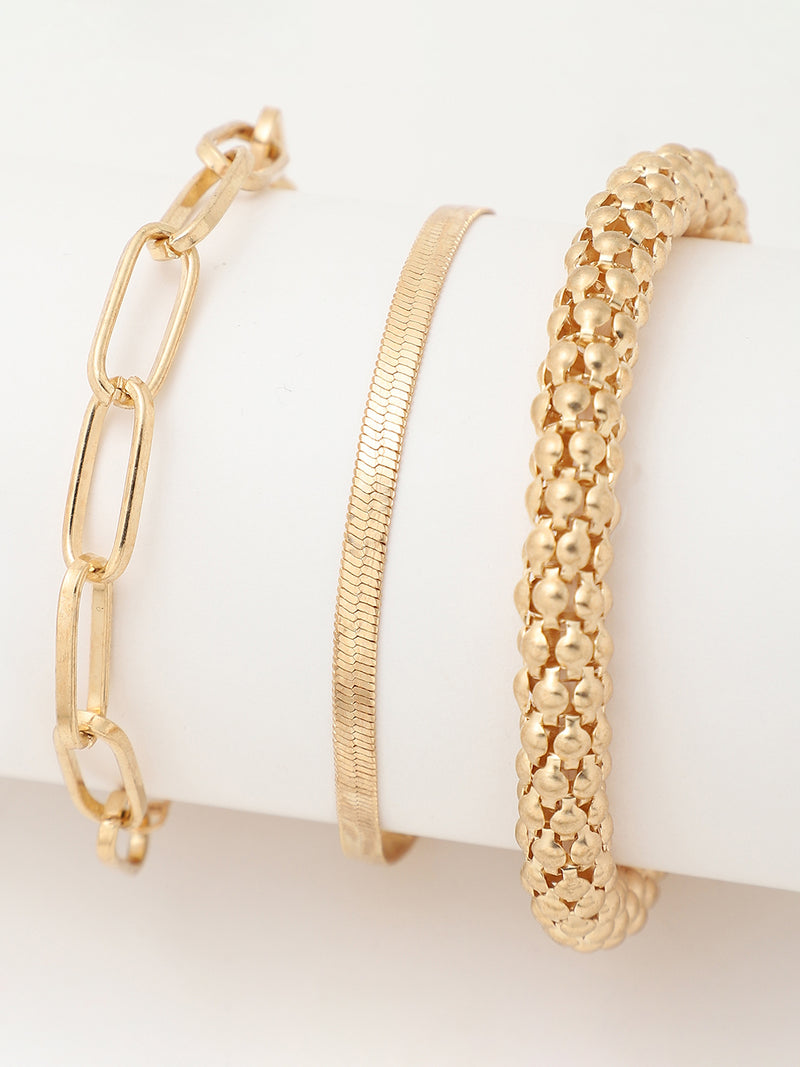 White Embellished Analog Round Dial & Gold Metal Strap Watch & Bracelets