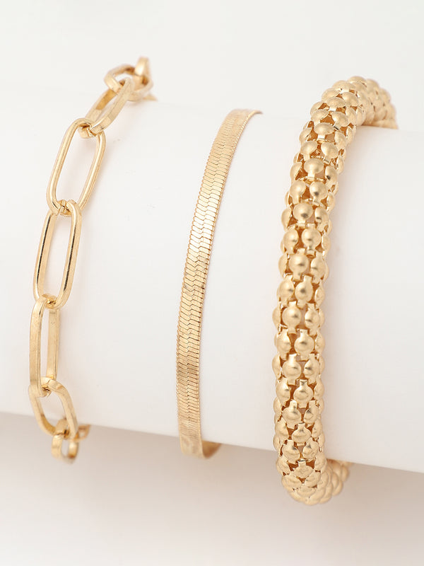 White Embellished Analog Round Dial & Gold Metal Strap Watch & Bracelets