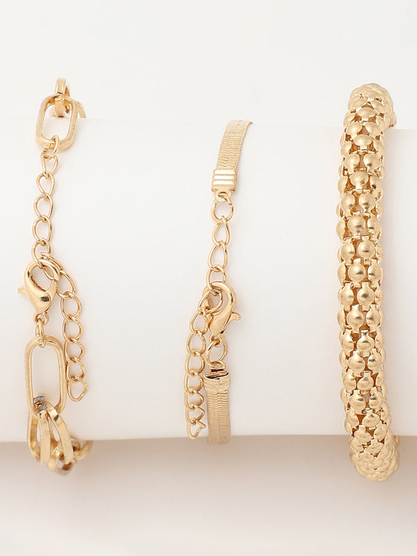 WHITE EMBELLISHED ANALOG ROUND DIAL AND GOLD METAL STRAP WATCH AND BRACELETS