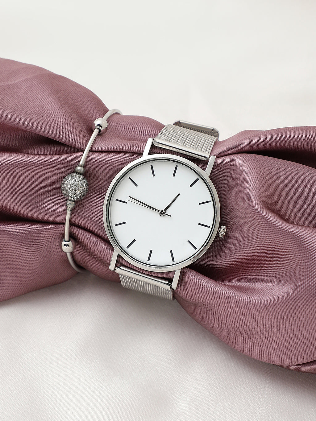 White Analog Round Dial With Silver Metal Mesh Strap Watch & Bracelet