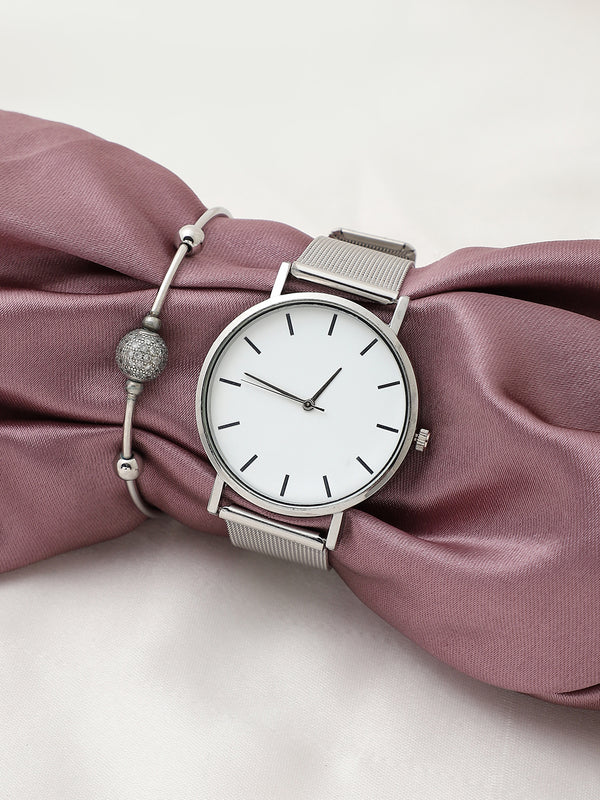 White Analog Round Dial With Silver Metal Mesh Strap Watch & Bracelet
