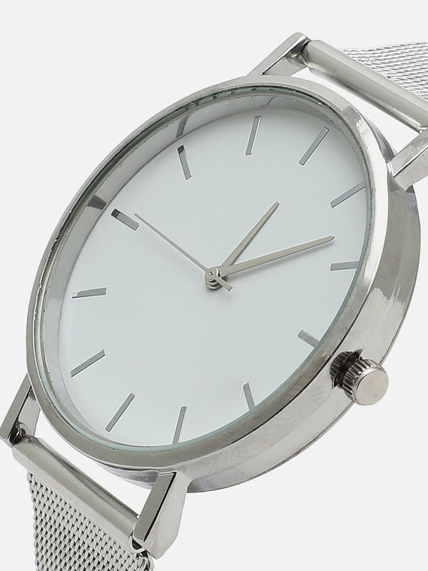 White Analog Round Dial With Silver Metal Mesh Strap Watch & Bracelet