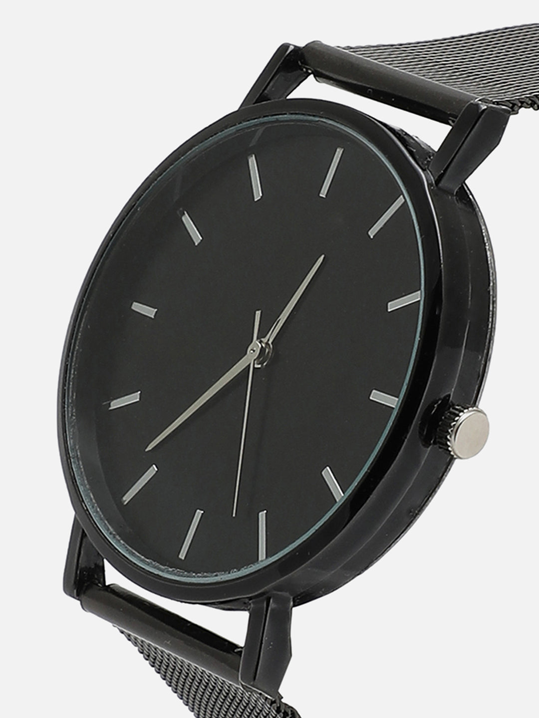 Black Analog Round Dial With Metal Mesh Strap Watch & Bracelets