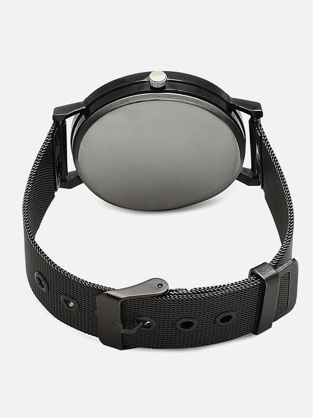 Black Analog Round Dial With Metal Mesh Strap Watch & Bracelets