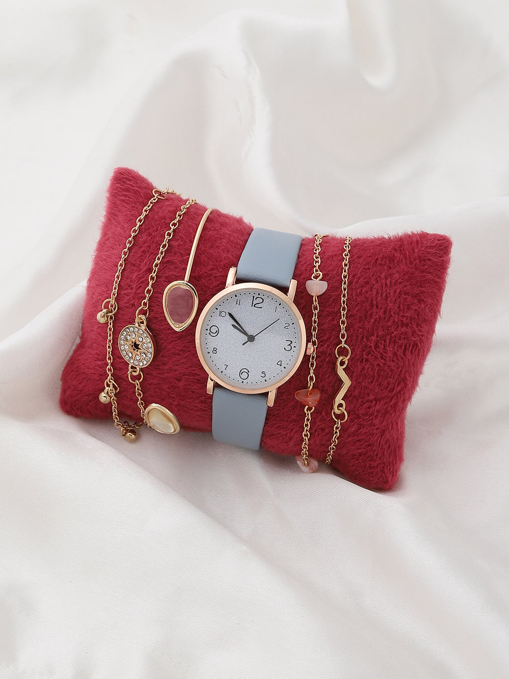 White & Bronze Analog Round Dial With Blue Leather Strap Watch & Bracelet