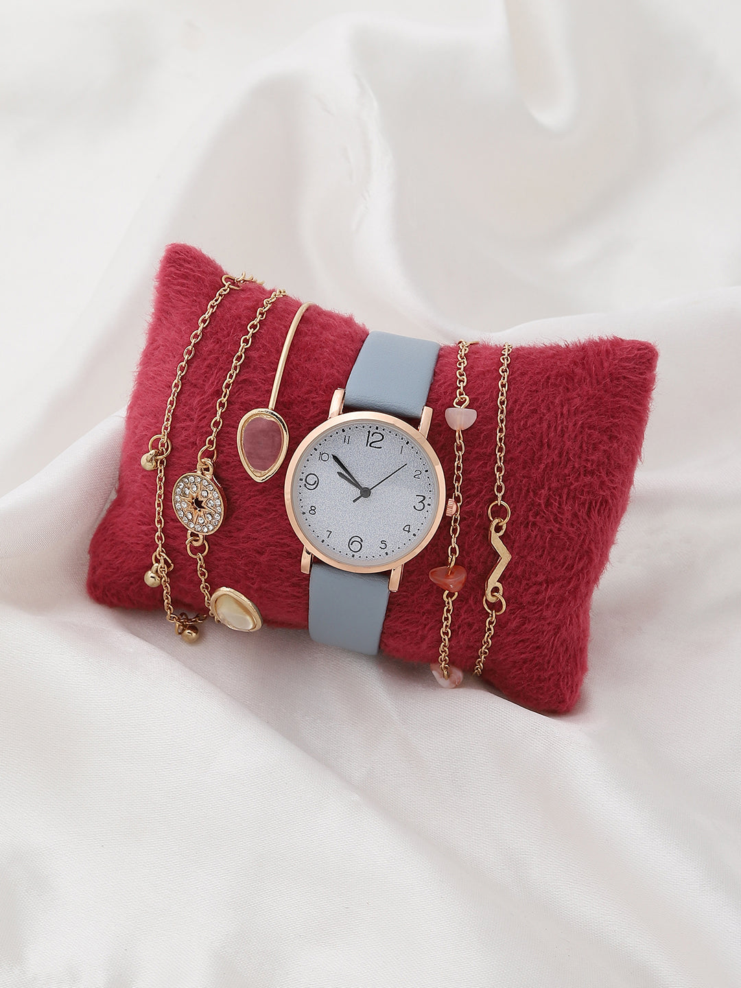 White & Bronze Analog Round Dial With Blue Leather Strap Watch & Bracelet