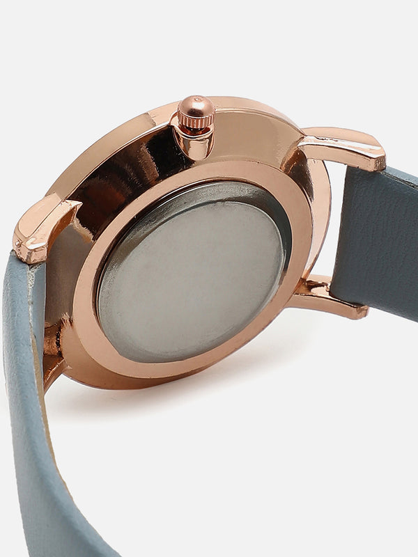 White & Bronze Analog Round Dial With Blue Leather Strap Watch & Bracelet