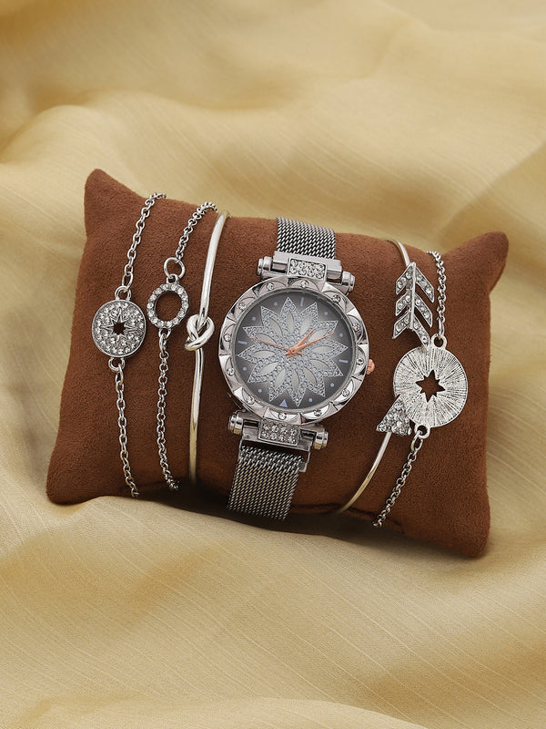 Silver Embellished Analog Round Dial With Silver Metal Mesh Strap Watch & Bracelets