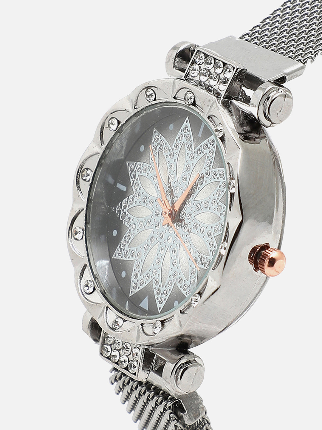 Silver Embellished Analog Round Dial With Silver Metal Mesh Strap Watch & Bracelets