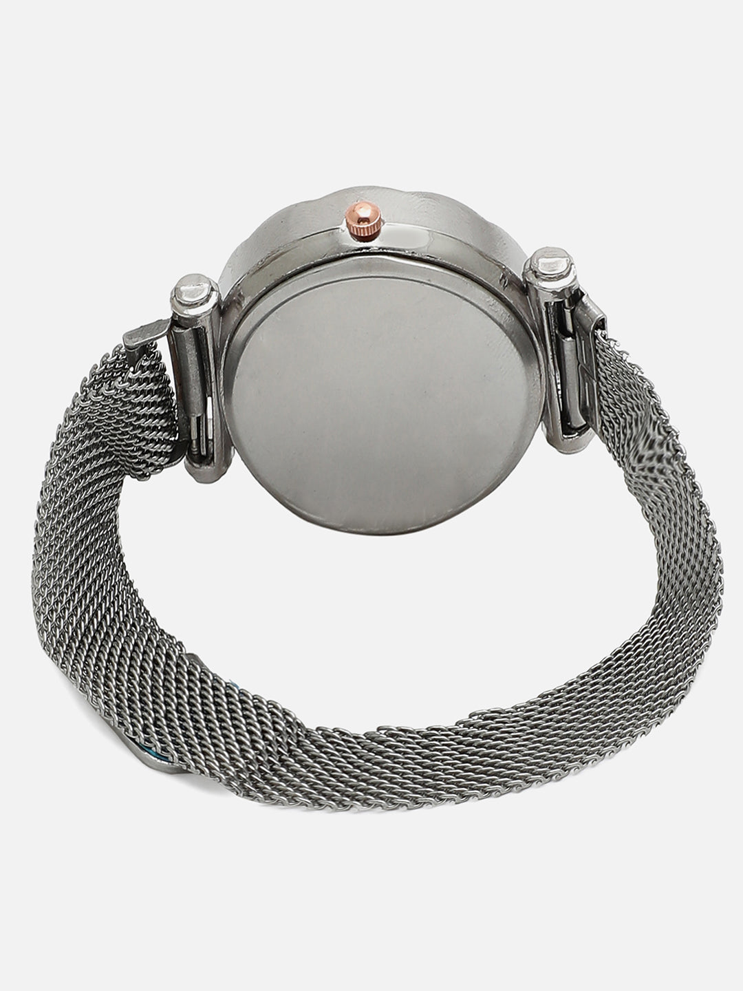 Silver Embellished Analog Round Dial With Silver Metal Mesh Strap Watch & Bracelets