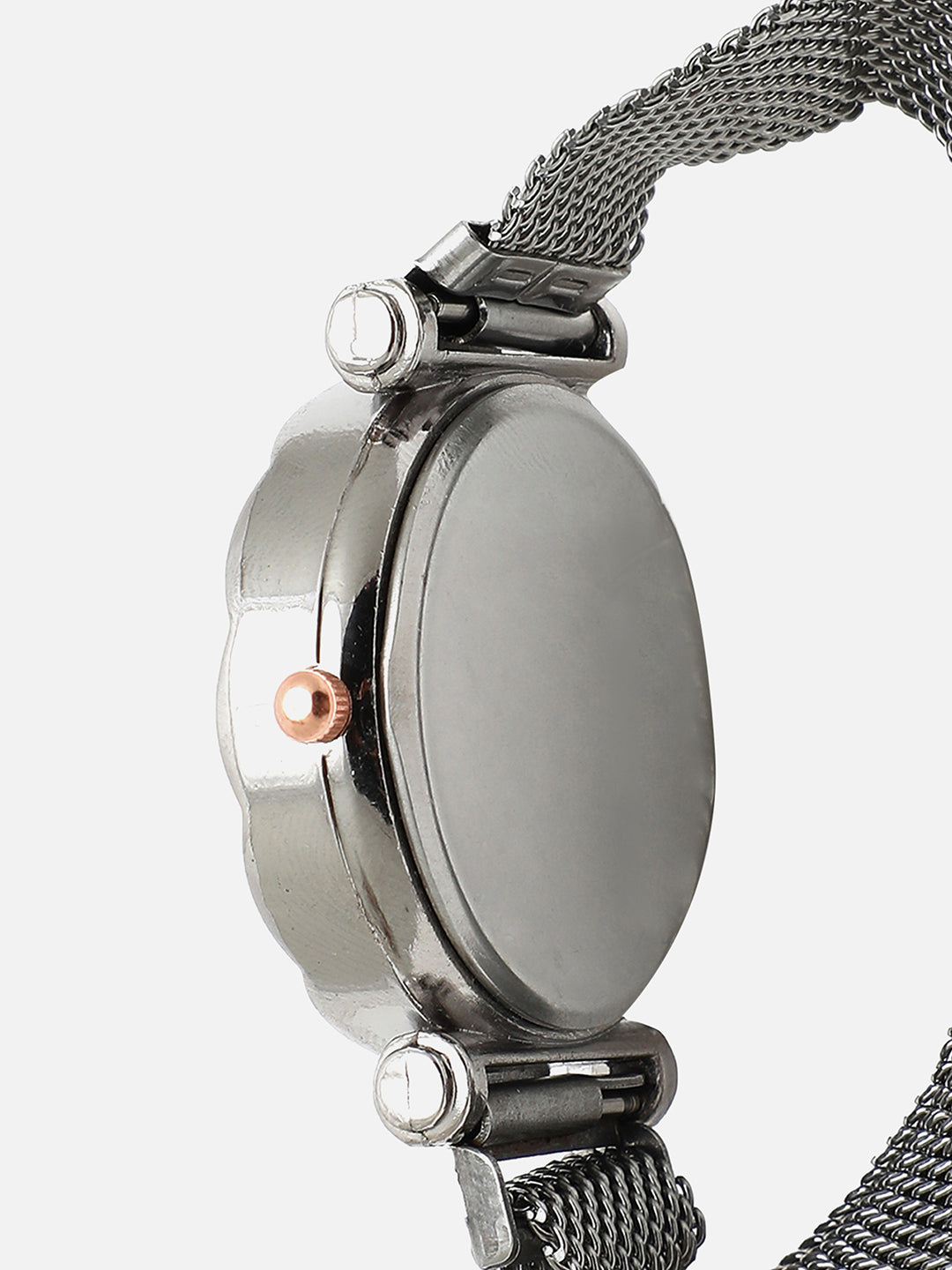 Silver Embellished Analog Round Dial With Silver Metal Mesh Strap Watch & Bracelets