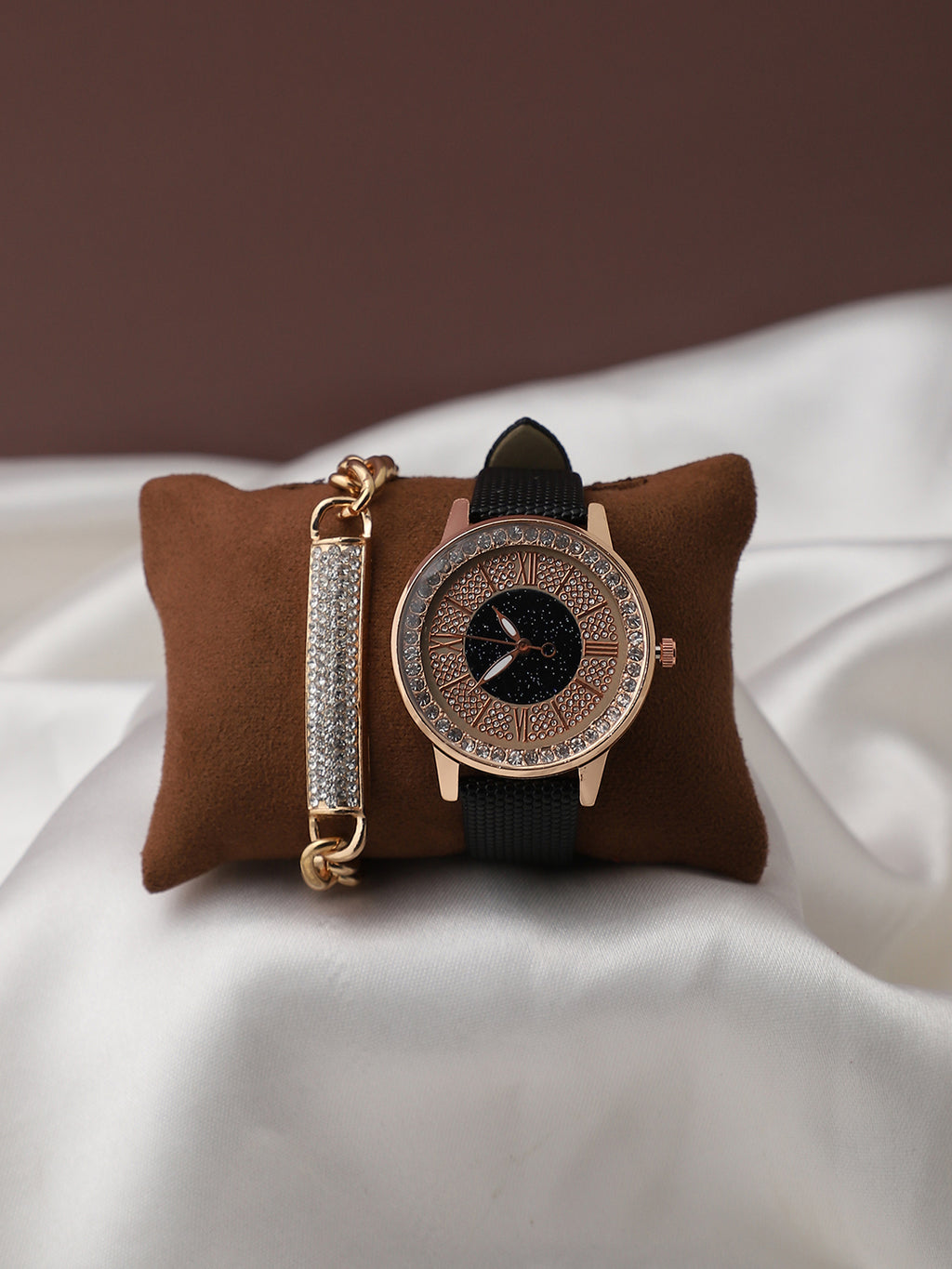 Rose Gold Embellished Stone Analog Round Dial With Black Textured Leather Strap Watch & Bracelet