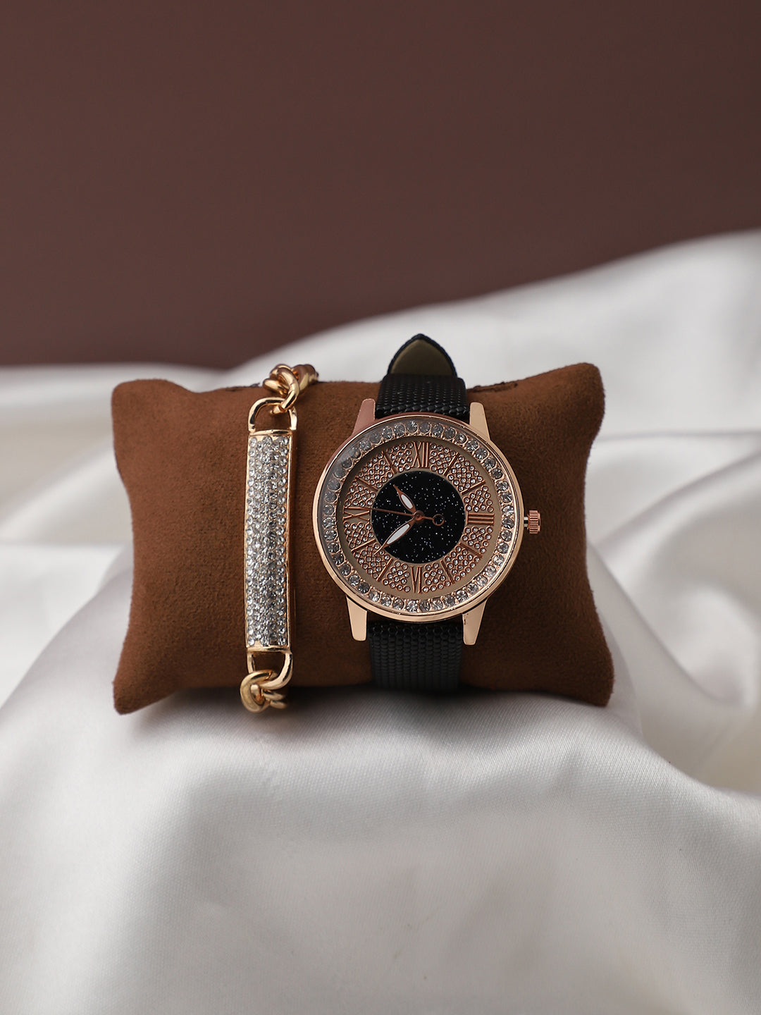 Rose Gold Embellished Stone Analog Round Dial With Black Textured Leather Strap Watch & Bracelet
