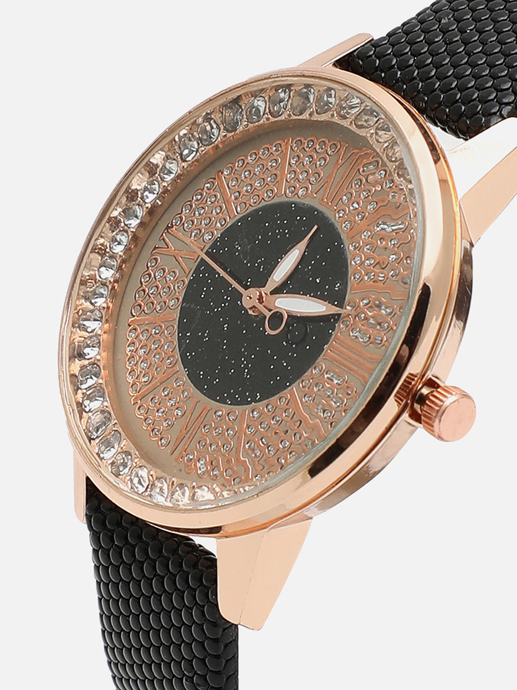 Rose Gold Embellished Stone Analog Round Dial With Black Textured Leather Strap Watch & Bracelet