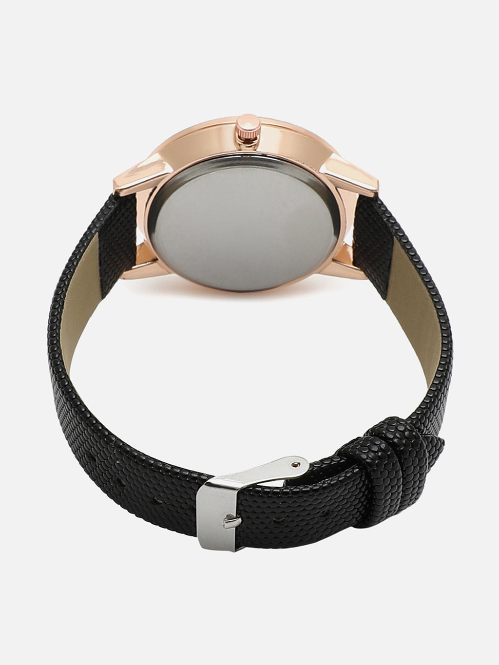 Rose Gold Embellished Stone Analog Round Dial With Black Textured Leather Strap Watch & Bracelet