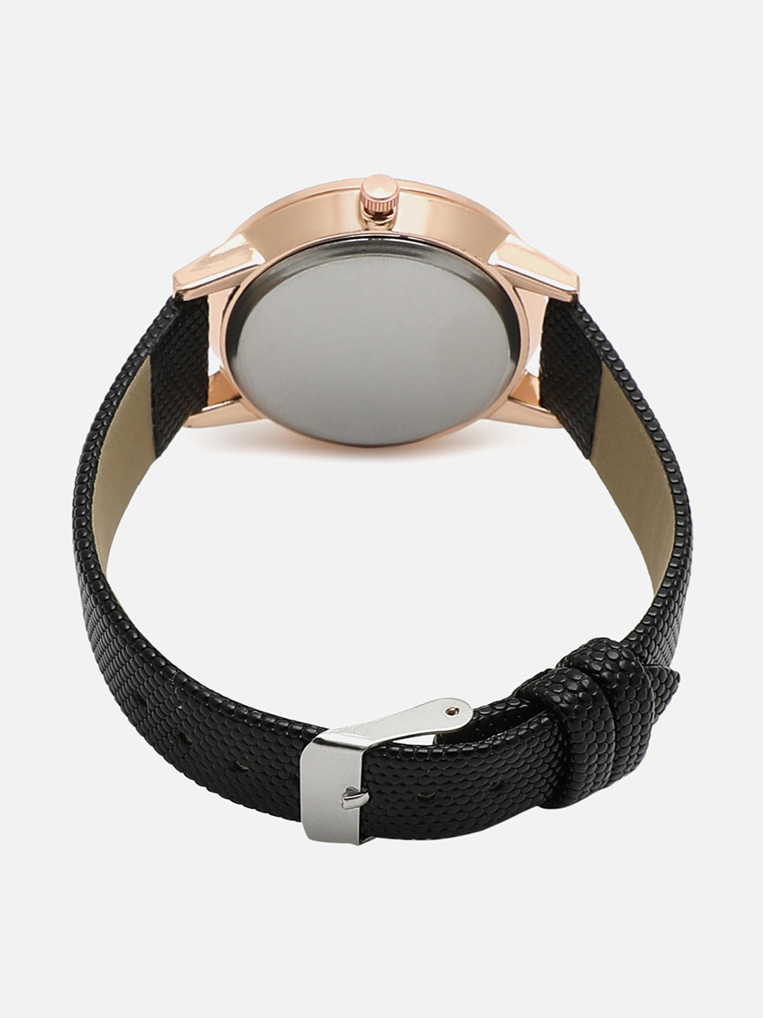 Rose Gold Embellished Stone Analog Round Dial With Black Textured Leather Strap Watch & Bracelet