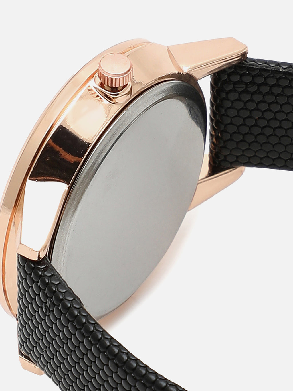 Rose Gold Embellished Stone Analog Round Dial With Black Textured Leather Strap Watch & Bracelet