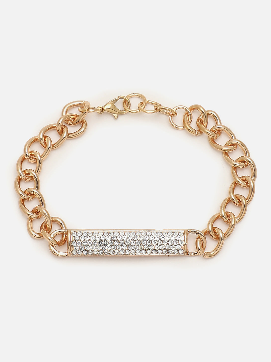 Rose Gold Embellished Stone Analog Round Dial With Black Textured Leather Strap Watch & Bracelet