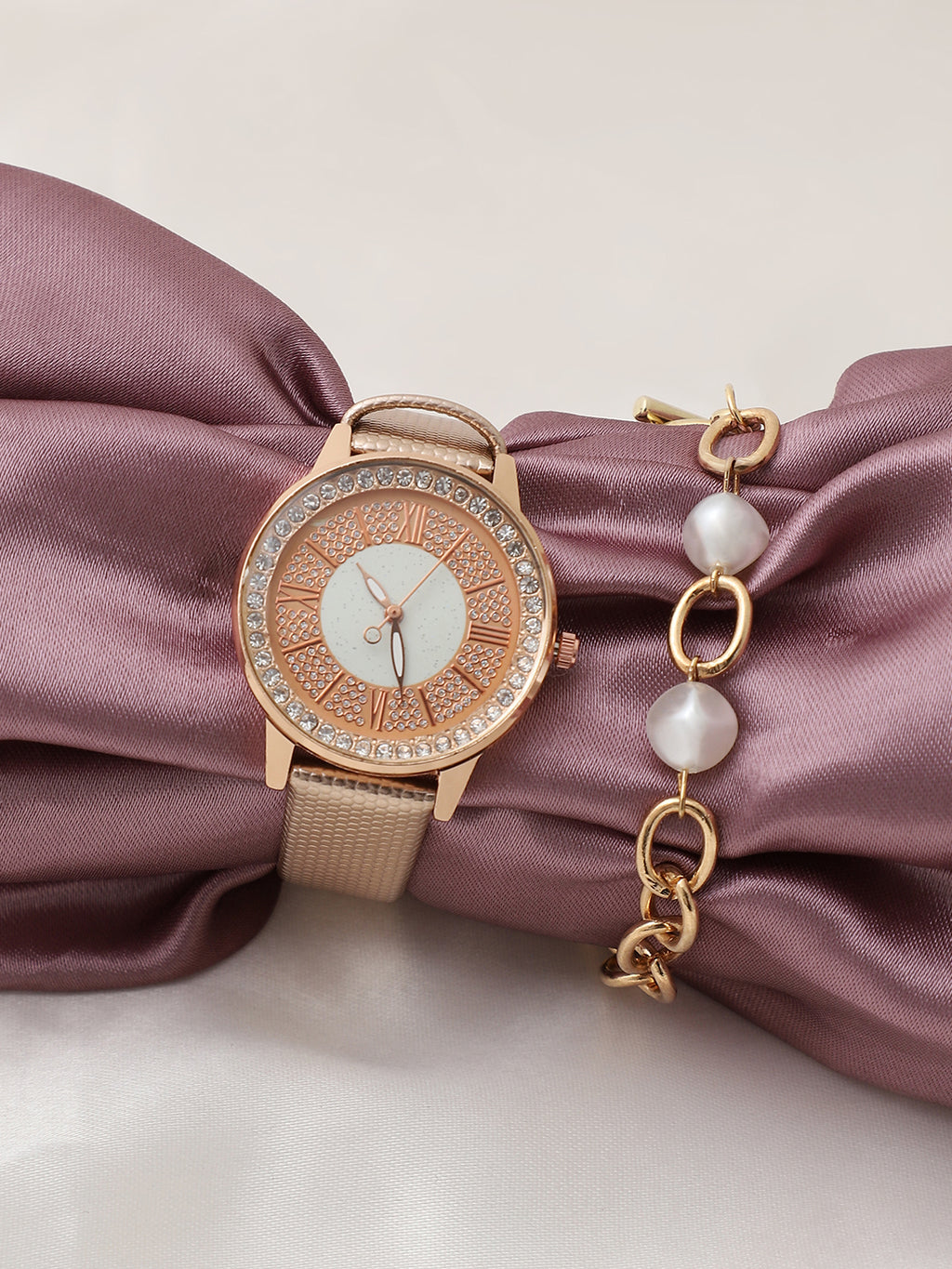 Gold Embellished Analog Round Dial With Gold Textured Leather Strap Watch & Bracelet