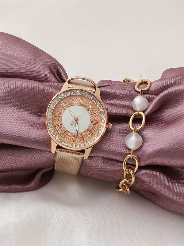 Gold Embellished Analog Round Dial With Gold Textured Leather Strap Watch & Bracelet