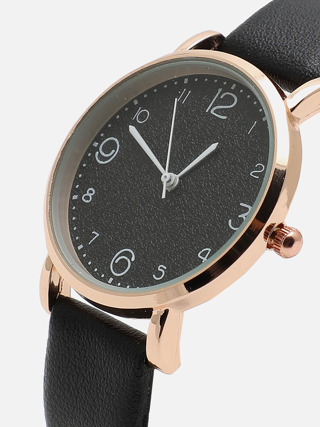 Black Analog Round Dial With Black Leather Strap Watch & Bracelets