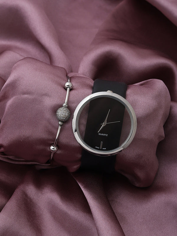Transparent Analog Round Dial With Black Leather Strap Watch & Bracelet