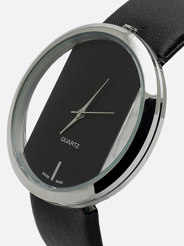 Transparent Analog Round Dial With Black Leather Strap Watch & Bracelet