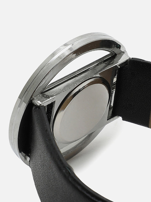 Transparent Analog Round Dial With Black Leather Strap Watch & Bracelet