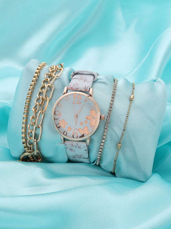 Blue Decorative Analog Round Dial With Floral Printed Leather Strap Watch & Bracelet