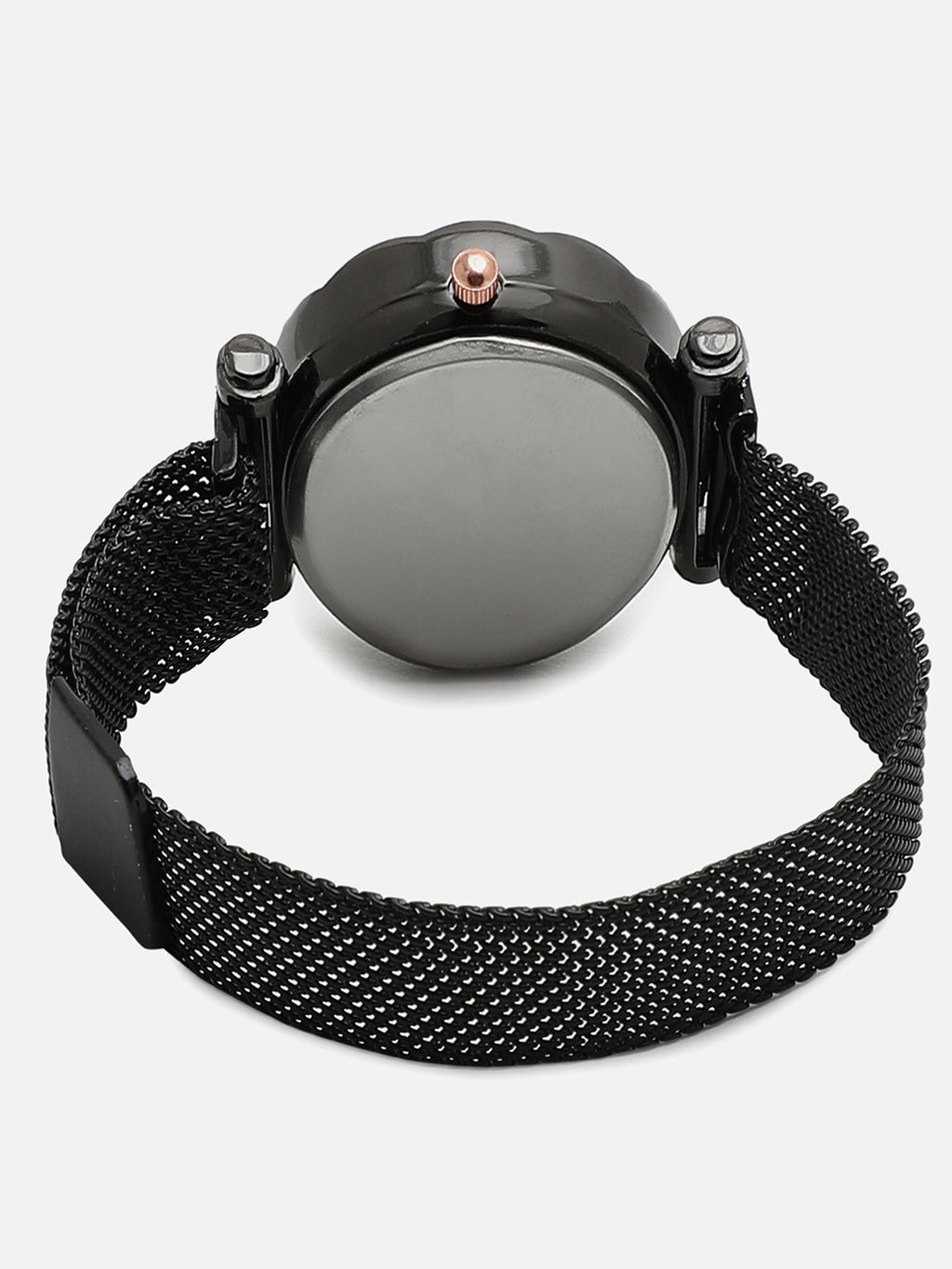 Black Embellished Decorative Analog Round Dial With Black Metal Mesh Strap Watch & Bracelet