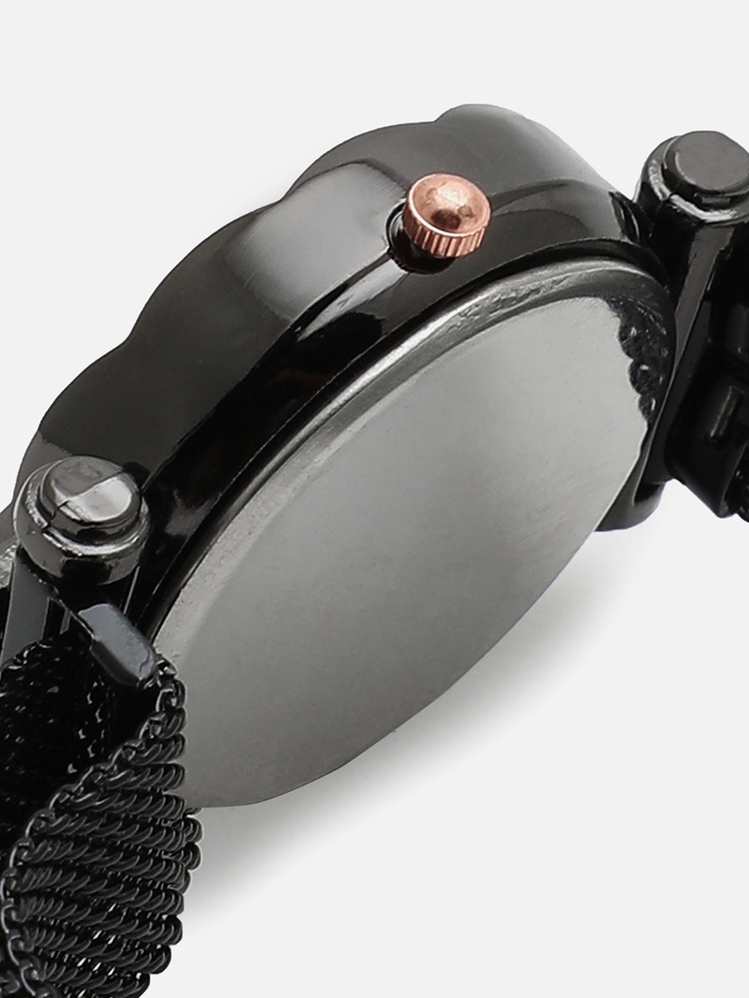 Black Embellished Decorative Analog Round Dial With Black Metal Mesh Strap Watch & Bracelet