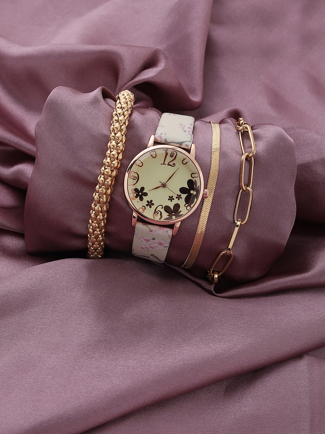 Beige Decorative Analog Round Dial With Floral Printed Leather Strap Watch & Bracelets