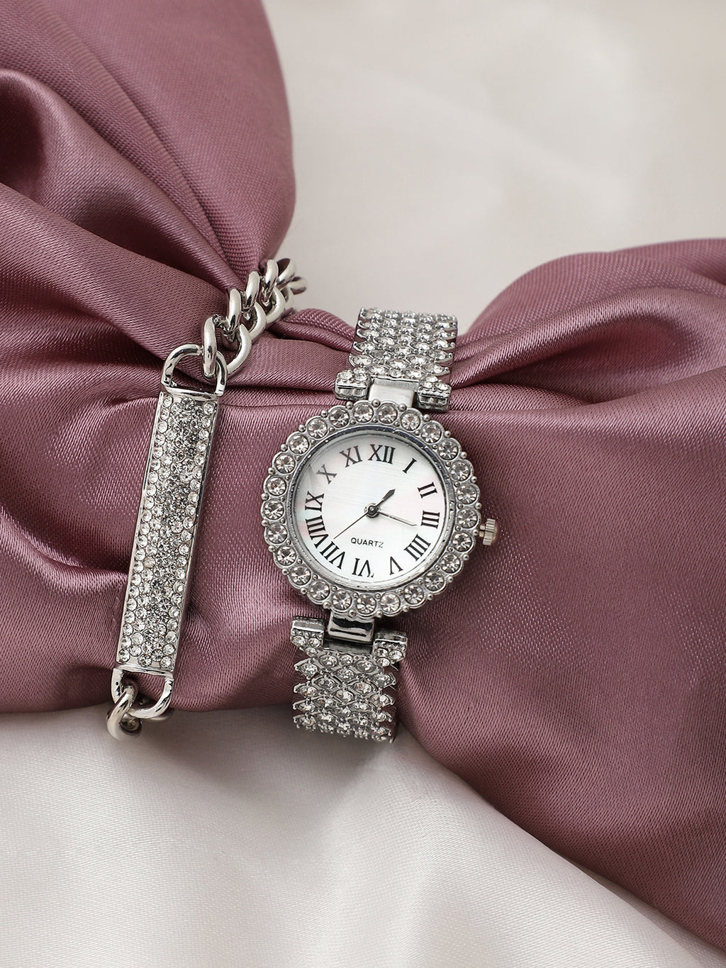 White Embellished Analog Round Dial With Silver Embellished Metal Strap Watch & Bracelet