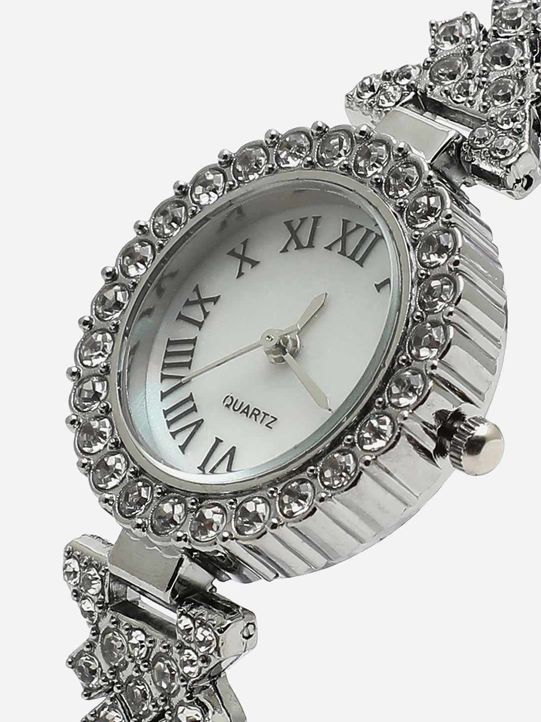 White Embellished Analog Round Dial With Silver Embellished Metal Strap Watch & Bracelet