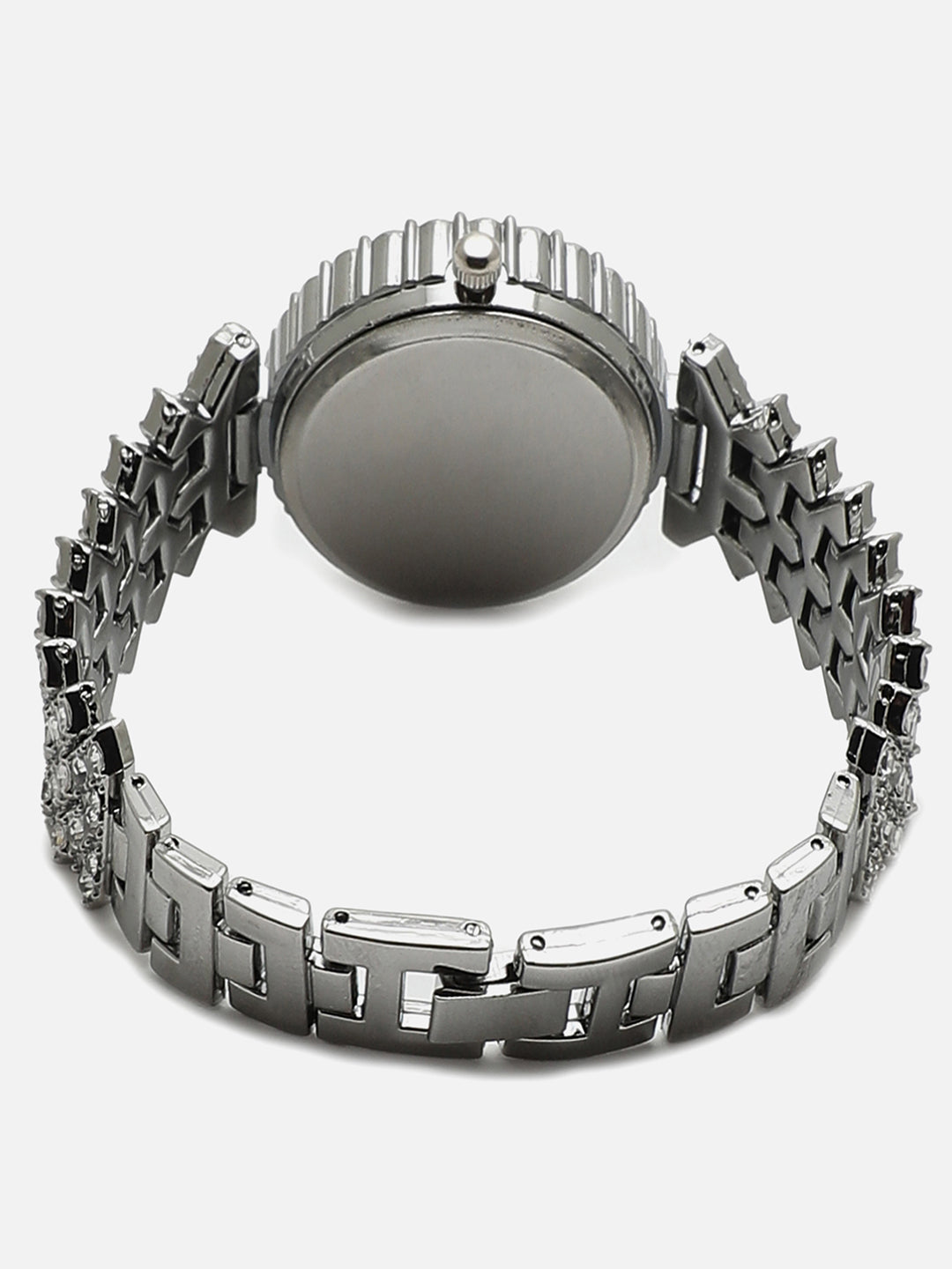 White Embellished Analog Round Dial With Silver Embellished Metal Strap Watch & Bracelet