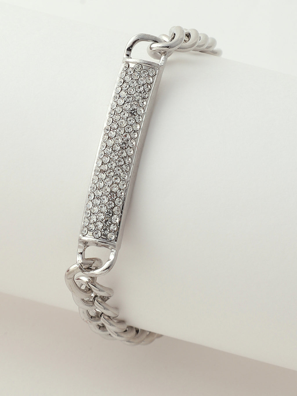 White Embellished Analog Round Dial With Silver Embellished Metal Strap Watch & Bracelet