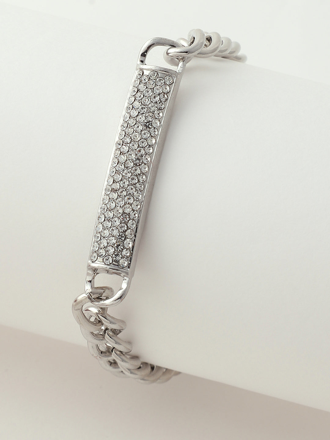 White Embellished Analog Round Dial With Silver Embellished Metal Strap Watch & Bracelet