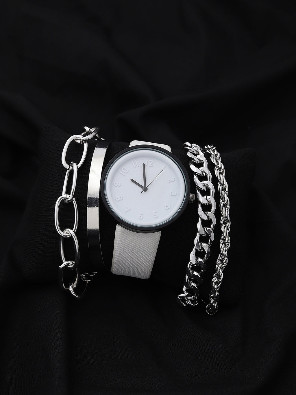 White Analog Round Dial With White Leather Strap Watch & Bracelets