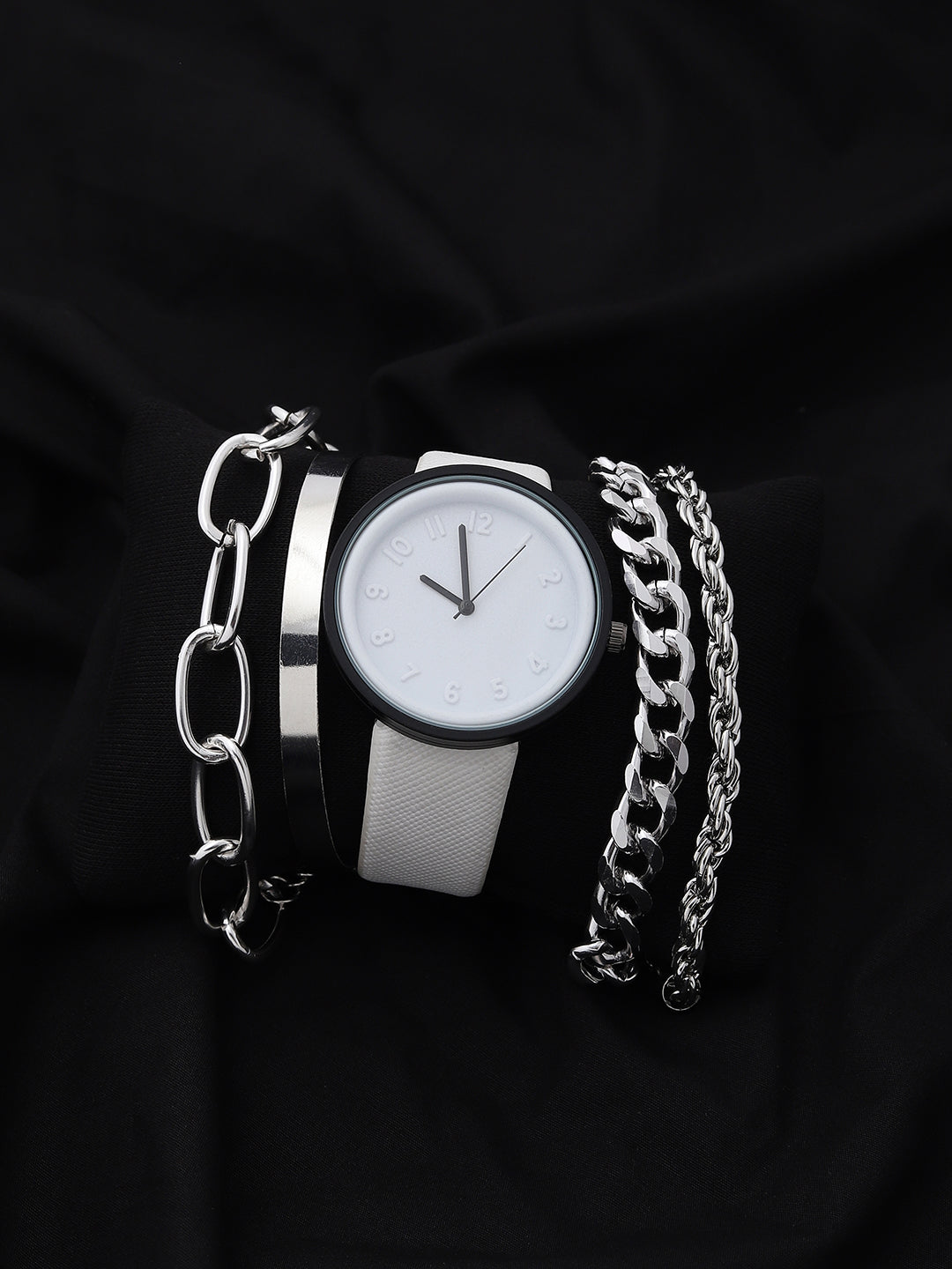 White Analog Round Dial With White Leather Strap Watch & Bracelets