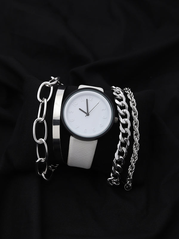 White Analog Round Dial With White Leather Strap Watch & Bracelets