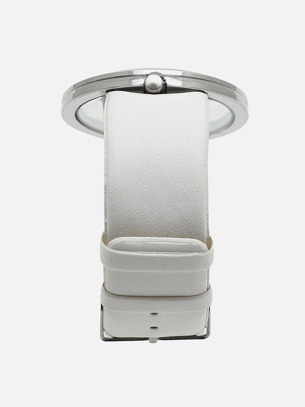 Transparent Analog Round Dial With White Leather Strap Watch & Bracelet