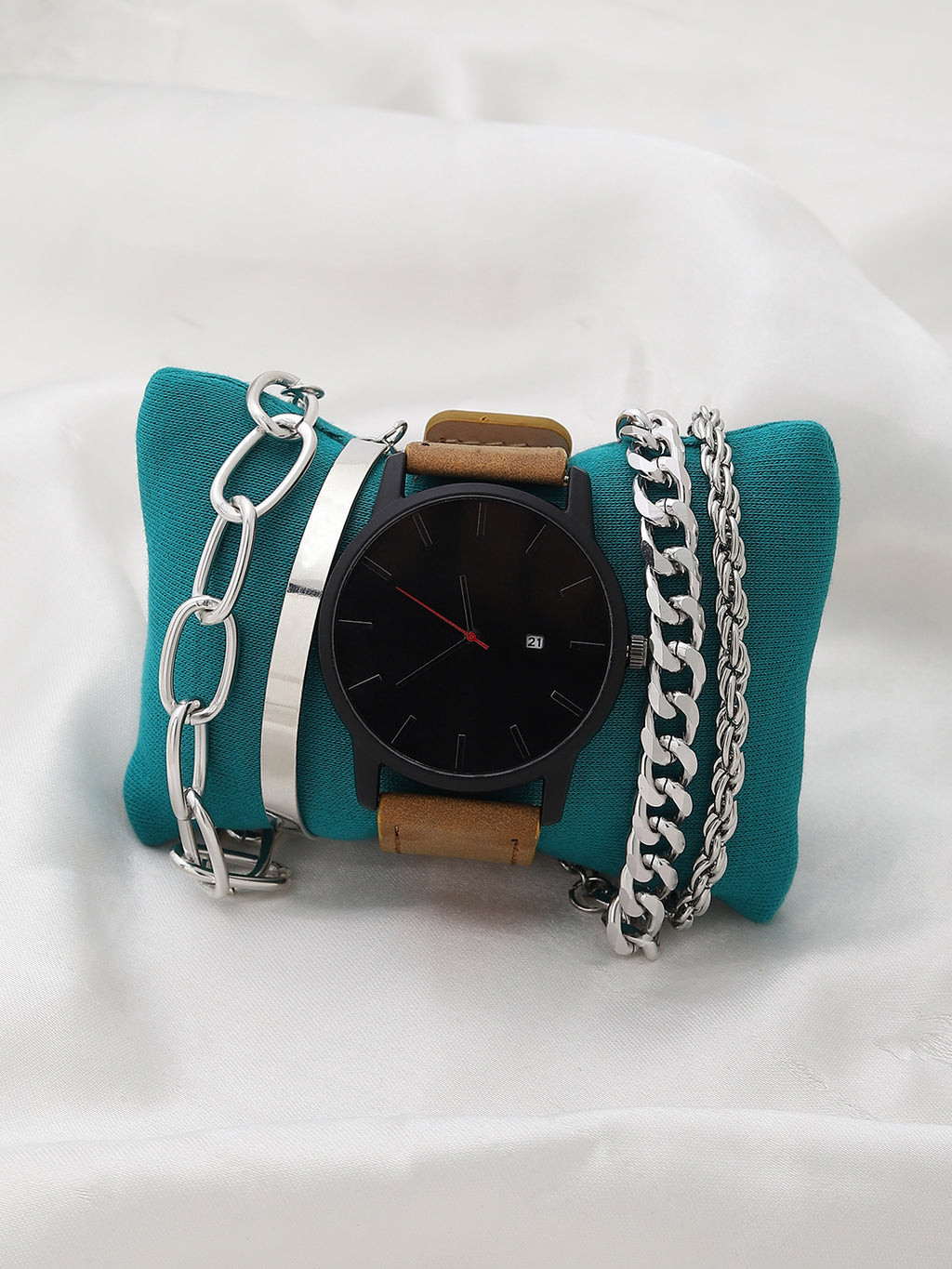 Black Analog Round Dial With Brown Suede Strap Watch & Bracelet