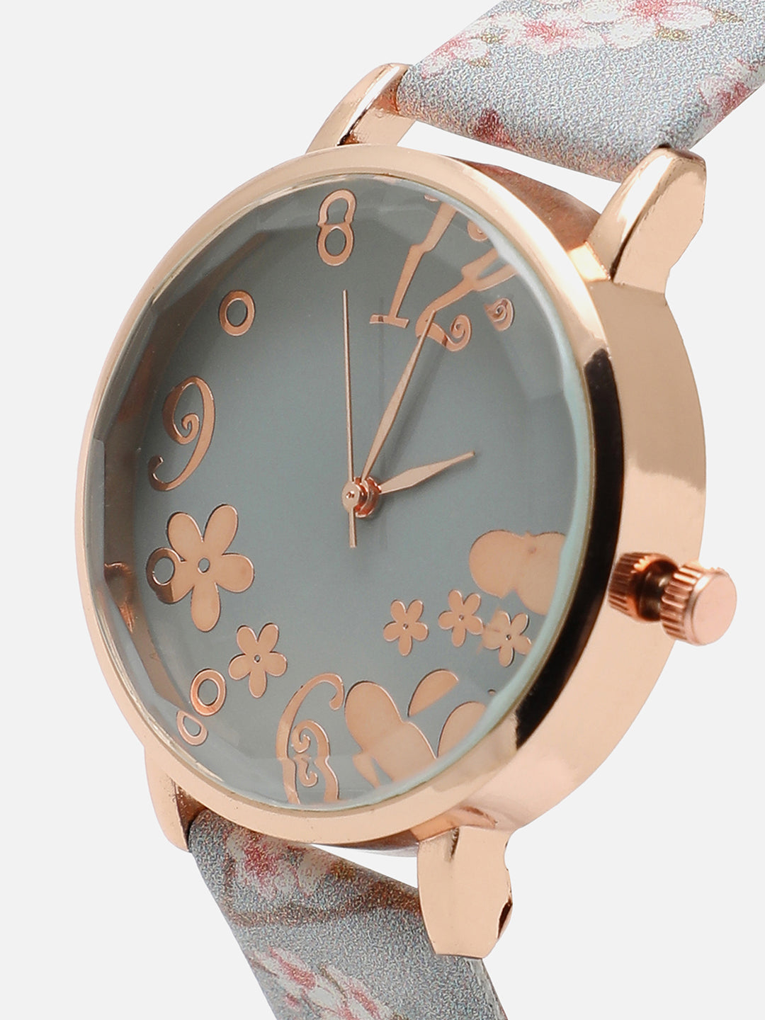 Grey Decorative Analog Round Dial With Floral Printed Leather Strap Watch & Bracelets