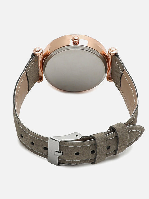 Black Analog Round Dial With Grey Suede Strap Watch & Bracelets